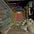 Ancient Cave Interior With Colorful Murals Stone Pillars And Stone Steps