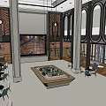 Modern Sales Office Interior Design With Chandelier Tables Chairs Columns And Brick Walls