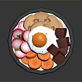 Colorful Rice Bowl With Fried Egg Carrot Radish Mushroom And Meat Chunks