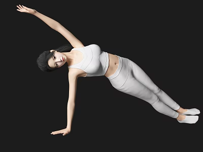 Woman Doing Side Plank Exercise In White Sportswear Against Black Background 3d model