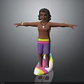 Shirtless Surfer Boy Standing On Colorful Surfboard With Outstretched Arms