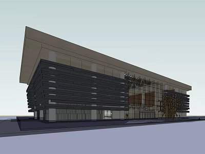 Modern Office Building Exterior With Glass Facade And Horizontal Black Stripes 3d model