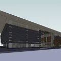 Modern Office Building Exterior With Glass Facade And Horizontal Black Stripes