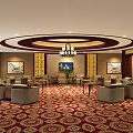 Elegant Conference Room With Mahogany Decor Circular Chandelier And Wall Paintings
