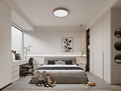 Modern Kids Room Interior With Bed Wardrobe Desk Chair Toys And Decorative Painting 3d model