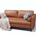 Modern Brown Leather Multi Seater Sofa With Patterned Pillow Blanket And Black Legs 3d model