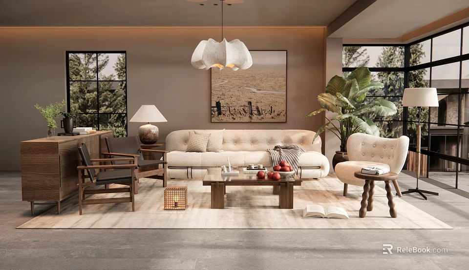 Modern Cozy Living Room Interior With Sofa Coffee Table Chandelier Wall Painting And Plants 3d model 