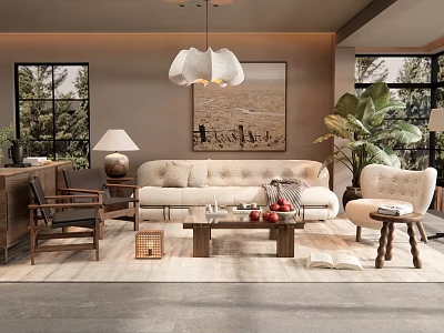 Modern Cozy Living Room Interior With Sofa Coffee Table Chandelier Wall Painting And Plants 3d model