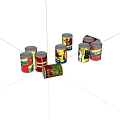 Colorful Canned Food Tins With Various Labels Arranged On White Background