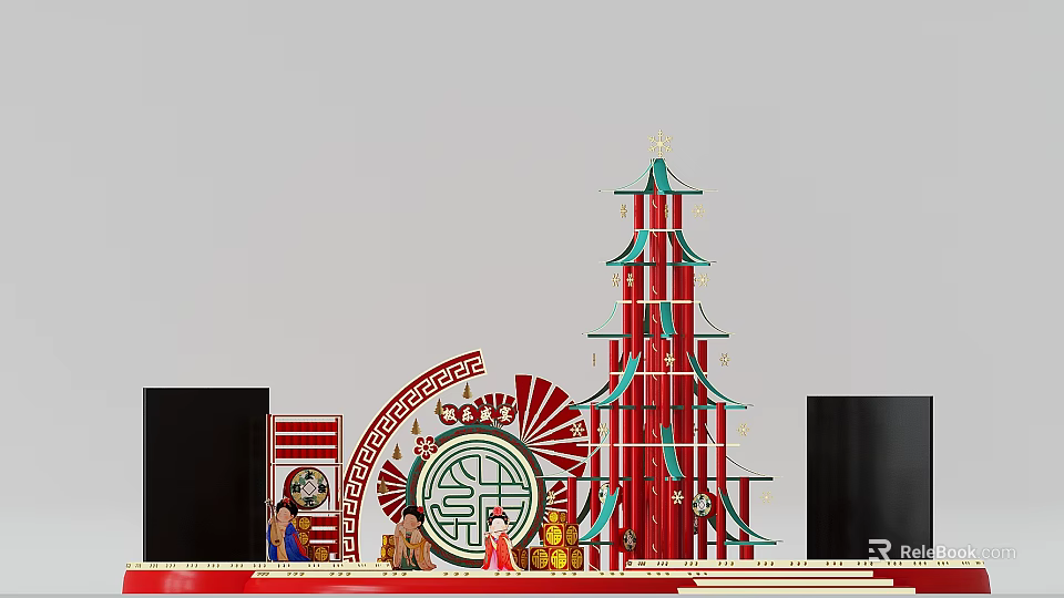 Traditional Chinese Decorative Structure With Red Green Pagoda Ornate Patterns And Figurine Statues 3d model 