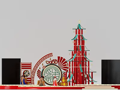 Traditional Chinese Decorative Structure With Red Green Pagoda Ornate Patterns And Figurine Statues 3d model
