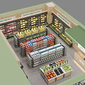 Birds Eye View of Modern Convenience Store Interior with Shelves of Fruits Beverages and Products