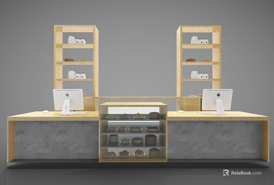 Modern Reception Desk With Wooden Shelves Computer Monitors And Glass Display Cabinet 3d model 