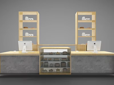 Modern Reception Desk With Wooden Shelves Computer Monitors And Glass Display Cabinet 3d model