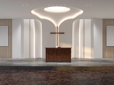 Modern Christian Church Interior Design With Cross And Wooden Altar 3d model