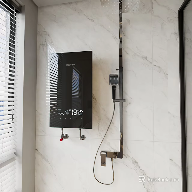 Modern Bathroom With Black Water Heater Digital Temperature Display Marble Wall And Window Blinds 3d model 