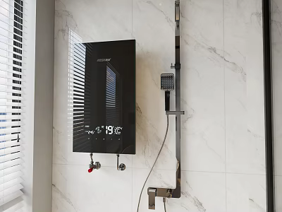 Modern Bathroom With Black Water Heater Digital Temperature Display Marble Wall And Window Blinds 3d model