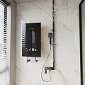 Modern Bathroom With Black Water Heater Digital Temperature Display Marble Wall And Window Blinds