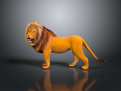 Detailed Yellow Lion Figurine With Mane In Standing Pose On Shiny Surface 3d model