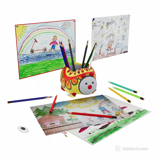 Colorful Creative Instruments and Art Supplies With Colored Pencils Kids Drawings and Pencil Holder 3d model 