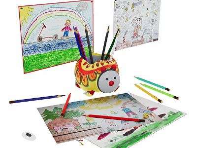 Colorful Creative Instruments and Art Supplies With Colored Pencils Kids Drawings and Pencil Holder 3d model