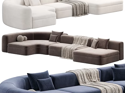Modern Double Sofa Designs In White Brown And Blue With Pillows And Blanket 3d model