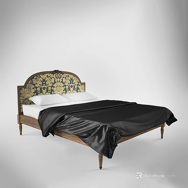 Classic Double Bed With Ornate Patterned Headboard Wooden Frame And Black Bedspread 3d model 