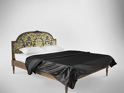 Classic Double Bed With Ornate Patterned Headboard Wooden Frame And Black Bedspread 3d model