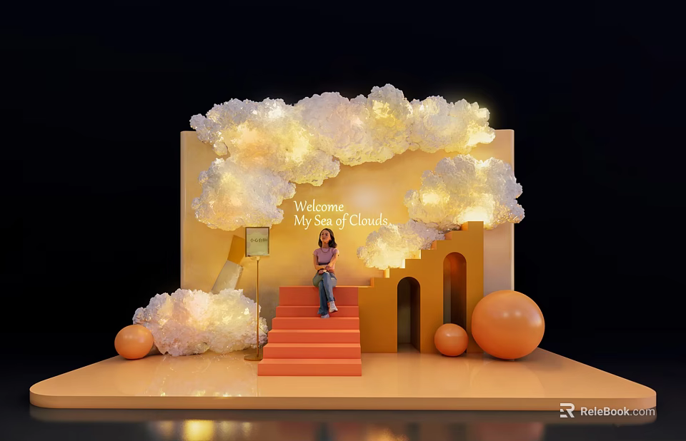 Check in Photo Spot With Cloud Decorations Orange Stairs And Welcome Sign 3d model 