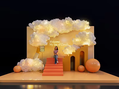 Check in Photo Spot With Cloud Decorations Orange Stairs And Welcome Sign 3d model