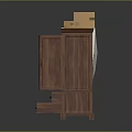 Open Wooden Wardrobe With Hanging Clothes Drawers And Cardboard Boxes On Top