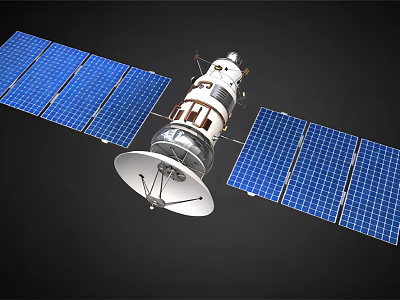 Advanced Orbital Satellite with Large Blue Solar Panel Arrays and Dish Antenna 3d model