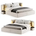 Modern Upholstered Double Bed With Beige Frame And Gray Striped Bedding Pillows 3d model