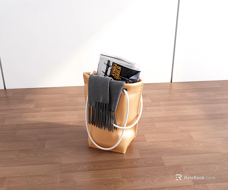 Brown Storage Bag With White Handles Holding Gray Scarf And Magazines On Wooden Floor 3d model 
