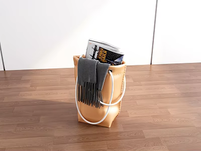 Brown Storage Bag With White Handles Holding Gray Scarf And Magazines On Wooden Floor 3d model