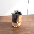 Brown Storage Bag With White Handles Holding Gray Scarf And Magazines On Wooden Floor