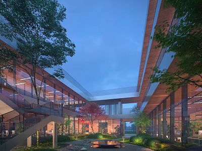 Modern Office Landscape With Glass Curtain Walls Wooden Structures And Courtyard Pool Lighting 3d model