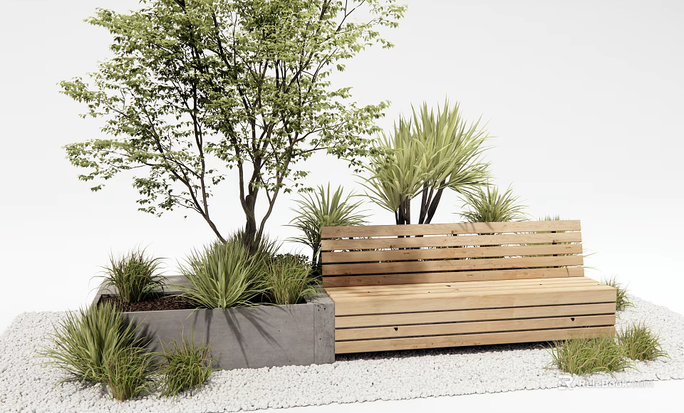 Outdoor Wooden Bench Surrounded by Green Plants and Concrete Planter on White Gravel Ground 3d model 