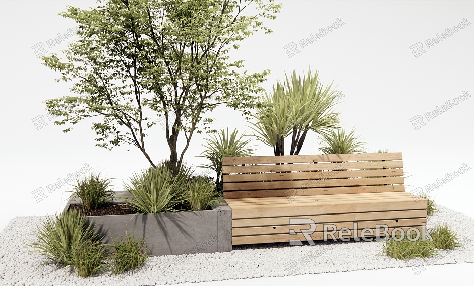 Modern outdoor landscape seat tree pool plant combination plant pile pebbles model