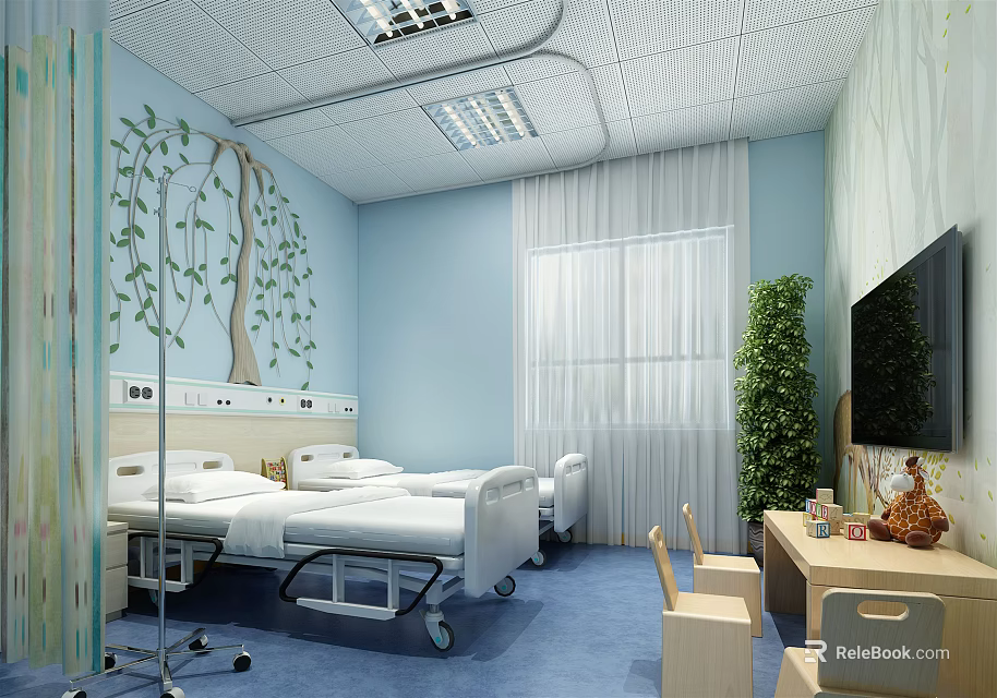 Hospital Outpatient Clinic Room With Blue Walls Tree Murals Hospital Beds Green Plants And TV 3d model 