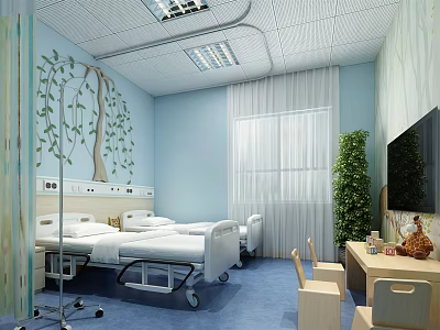 Hospital Outpatient Clinic Room With Blue Walls Tree Murals Hospital Beds Green Plants And TV 3d model