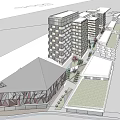 Modern Multi Story Apartment Buildings With Balconies Green Courtyard And Pedestrians