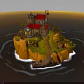 3D Island Scene Featuring Building With Red Roof Flag Trees Wooden Path And Water
