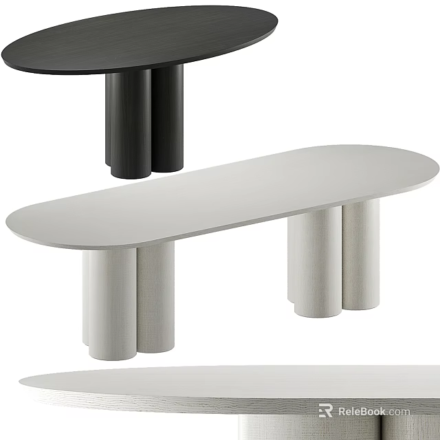 Modern Dining Table Interior Design With Black And Light Gray Oval Top Cylindrical Legs 3d model