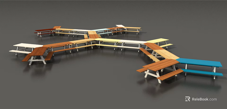 Outdoor Wooden Tables With Bench Seats In Various Colors For Garden Areas 3d model 