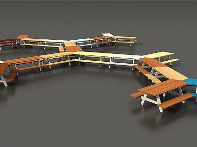 Outdoor Wooden Tables With Bench Seats In Various Colors For Garden Areas 3d model