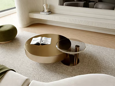 Modern Round Brass Coffee Table With Glass Top And Books On Beige Rug 3d model