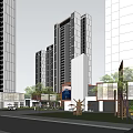 Modern Commercial Street With High Rise Buildings Red Brick Storefronts Outdoor Seating And Pedestrian Walkways