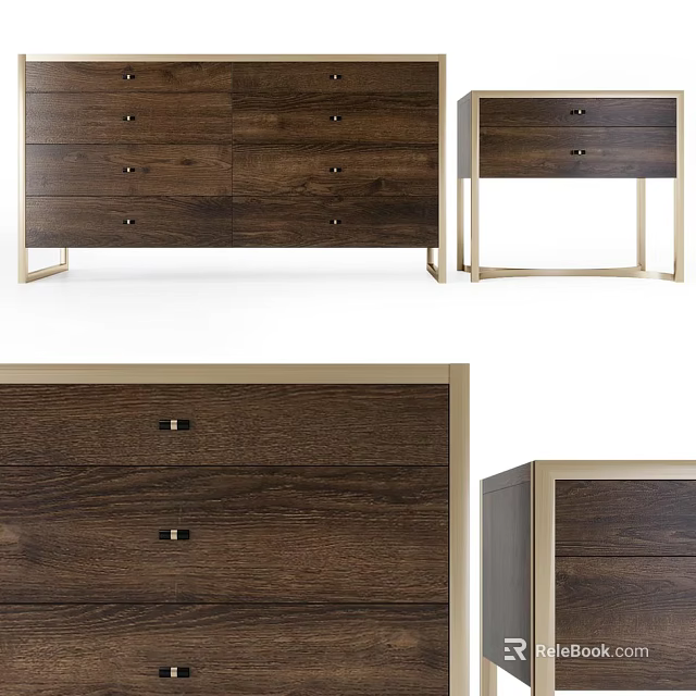 Modern Walnut Wooden Chest of Drawers with Metal Frame and Sleek Drawer Design 3d model 