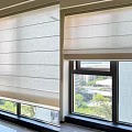 White Textured Roman Blinds For Indoor Windows With Natural Tree And City View